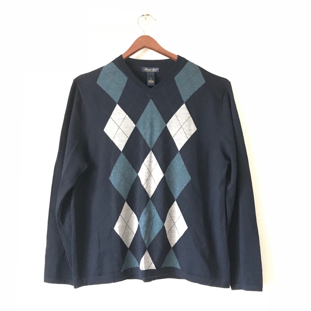 Garret Scott Merino Wool Argyle V-Neck Men Sweater